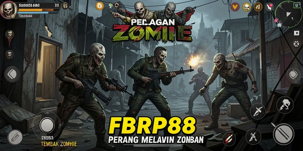 Antarmuka <strong>FBRP88</strong> menampilkan pertempuran seru melawan zombie.