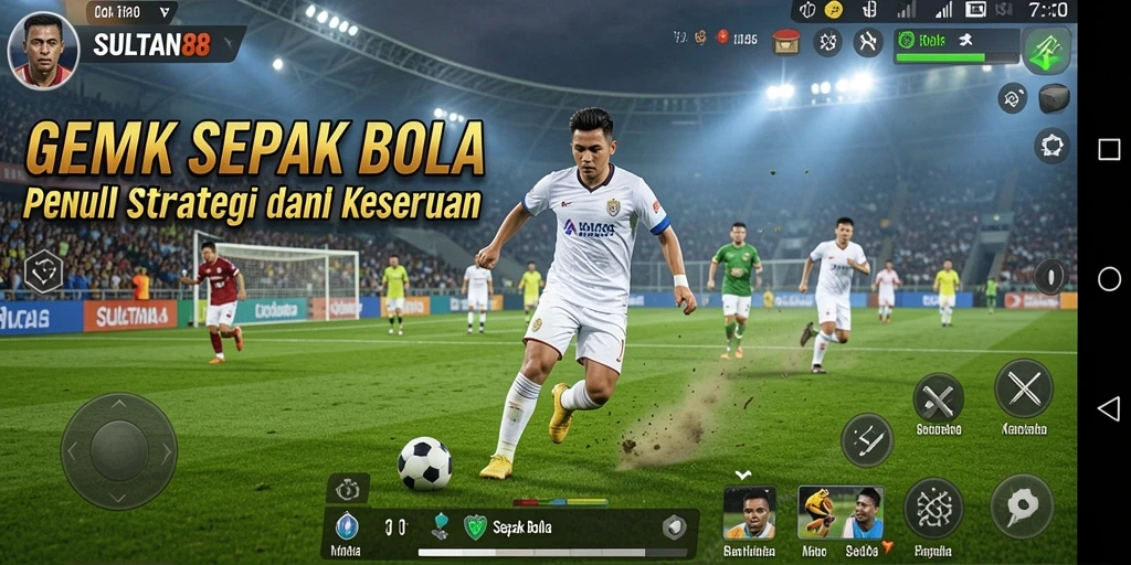 Antarmuka SULTAN88 menampilkan lapangan sepak bola yang dinamis dan pemain yang bergerak.